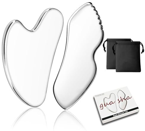 Gua Sha - Juego de 2 herramientas faciales de acero inoxidable con bolsa de almacenamiento, rascador de masaje linfático para cara, ojos, cuello y cuerpo