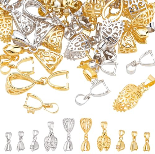 CRAFTYMELODY 60Pcs 10 Styles Brass Pinch Bails Beads Metal Pendant Clasp Clip Ice Pick Pinch Bail Clasp Buckle Bead Connector Dangle Findings Charm Connection for Necklace Jewelry Making DIY Craft