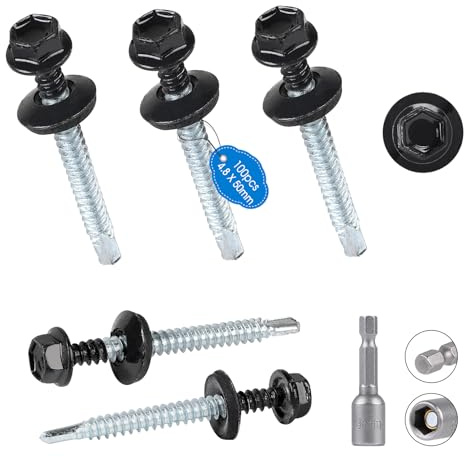 SUPAWAY Lot de 100 vis de toiture en métal 4,8x50 mm Tête de rondelle hexagonale peinte vis en tôle avec rondelles EPDM et clé à douille M8 Vis Autoperceuse pour metal pour plus fixation Gris RAL 7016