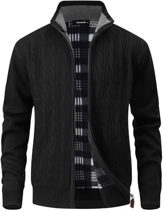 CoXuantion Cárdigan para Hombre Punto Cuello Alto Cremallera Chaqueta Cálido Suéter Forro Polar Chaqueta de Invierno de Punto Fino Sudadera Casual L,Negro
