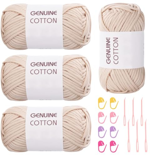 DASIAUTOEM Filato spesso di cotone per uncinetto, 4 pezzi di filato Chunky Yarn con accessori all'uncinetto per principianti, senza lana divisa per lavorare a maglia, filati di nylon di cotone per