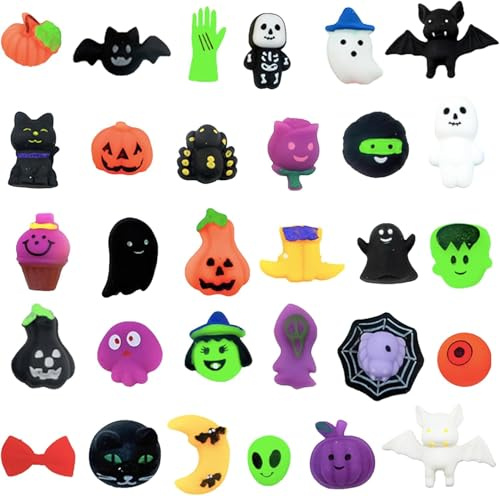 MOMAHUA 30 piezas Halloween Mochi juguete aplastante cara dulce Kawaii Squeeze con calabaza araña fantasma Squishies alivio del estrés juguetes para niños Halloween tratamiento de bolsas de regalo