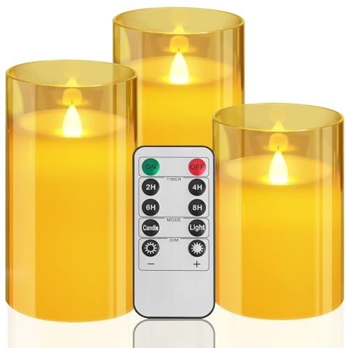 MI CASA Flameless Flickering LED Candles, 4 5 6 Set of 3 Battery Operated LED Gold Pillar Candles with Remote Control and Timer for Wedding Party Halloween Christmas Decoration