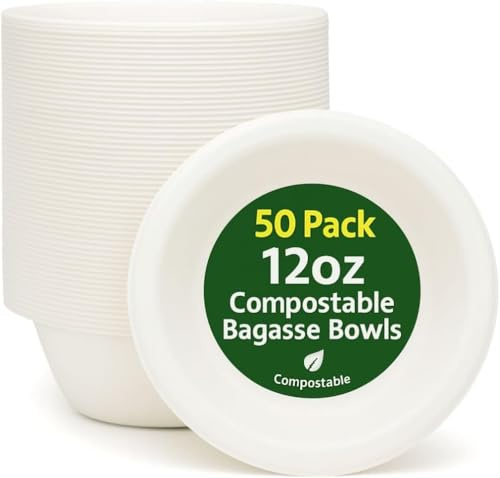 1ABOVE 50 Pack Compostable Bowls – 350ml Small Disposable Bagasse Bowl (12OZ) | Biodegradable Microwavable Strong Party for Soup Salad Cereal Dessert & Snacks