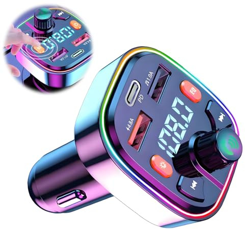 Bluetooth Voiture transmetteur FM, Q5 Voiture autoradio Bluetooth Accessoire, Allume Cigare, 2 USB Ports 4.8A[PD20W+QC3.0], Charge Rapide appels Mains Libres Support