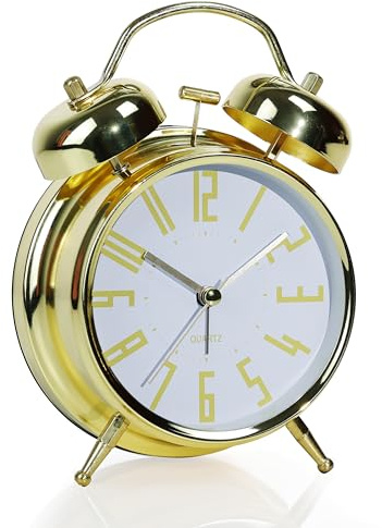 AYRELY® Réveil Vintage à Double Cloche – Réveil Gros Dormeur 4'' Silencieux Sans Tic-Tac, Sonnerie Puissante, Cadre Doré & Cadran Blanc, avec Veilleuse, pour Table de Nuit ou Bureau (Or-Blanc)
