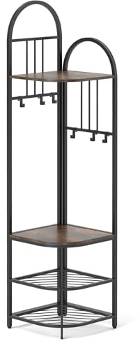 180 cm hög klädhängare stativ fristående hörnhall träd med skobänk 6 justerbara krokar, 4 nivåers förvaringshyllor metall klädhängare (rostisk brun och svart)