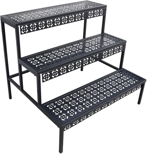 Blumenständer, Pflanzenregal aus Metall, 3 Stufen Pflanzenständer, Blumentreppe mit Großer Kapazität, Blumenregal für Outdoor Indoor Balkon Garten, Modernes Regal für Zimmerpflanzen (Schwarz)