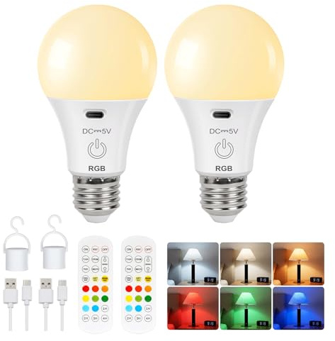 FRIDEKO HOME Rechargeable Light Bulb with Remote Control, Smart RGB Colour Changing Light Bulbs, E27 LED Dimmable Touch Control Bulbs with Timing Function, 2600mAh Battery Powered,2 Pack