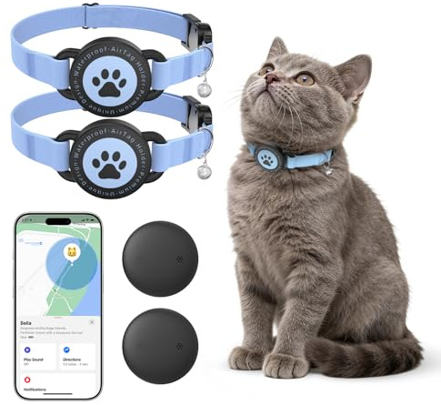 GPS Cat Tracker Collar(iOS & Android), Bluetooth Mini GPS Dog Tracker, Smart Pet Activity Tracker, No Monthly Fee, Work with Apple Find My & Google Find Hub, Finder Tag for Pets,Items 2 Pack Blue