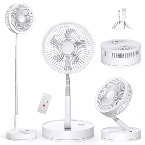 Portable Foldable Standing Fan Rechargeable - 8000mAh 8.6’‘ Oscillating | Silent Telescopic Desk Table Floor Pedestal Fans with Remote USB Battery for Bedroom Camping Travel