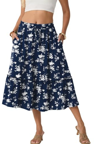 PrinStory Women's Summer Midi Skirts Ladies Boho Flowy Casual Elastic High Waist Skirts with Pockets (Blue White Flower, L)