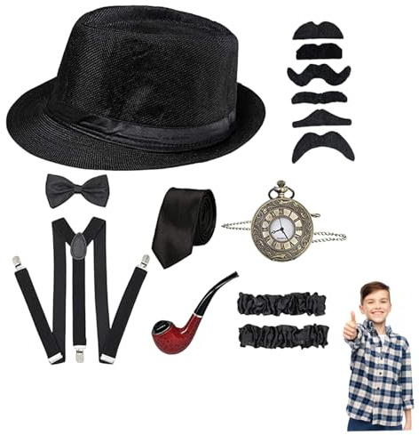 Hperu Gangsterkostym barn 1920-tals kostymset innehåller Fedora-hatt, slips, rosett, hängslen, fickur för barn bal, fest, utklädning, Fedora-hattar för