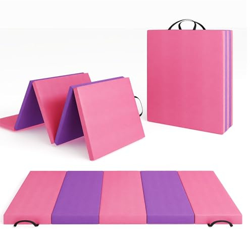 Folding Gymnastics Mat 180x60x5cm, High Density EPE Foam Exercise Mat with Carry Handles, Non Slip PU Leather Tumbling Mat for Yoga, Pilates, Martial Arts, Home Gym