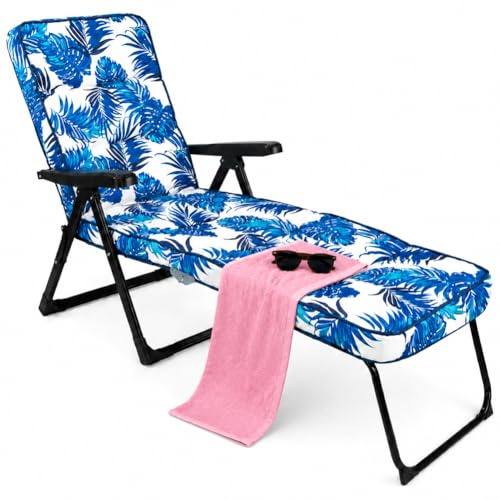 BAKAJI Sedia Sdraio da Giardino, Poltrona Relax Pieghevole Salvaspazio con Struttura Metallo e Schienale Reclinabile, Poggiapiedi e Seduta in Tessuto Imbottito 148 x 63 x 98 cm (Tropicale Blu)