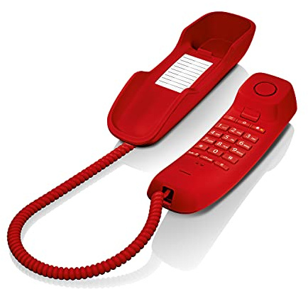 Gigaset DA210 - Teléfono con cable elástico - Espacio para 10 entradas de marcación rápida - Rellamada - Compatible con audífonos - Melodía y volumen del timbre ajustables - Color Rojo