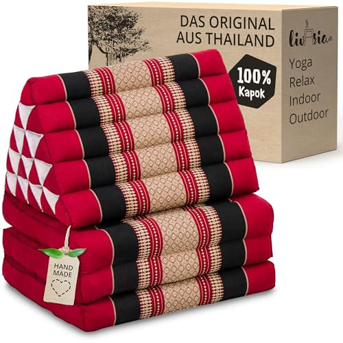 livasia Thaikissen 3 Auflagen extrahoch - 185x55x8cm - Dreieckskissen mit Klappmatratze, Kapok, Jumbo Rückenkissen faltbar, Thaimatte Klappen, handgefertigt, Meditationskissen (Rot/Schwarz)