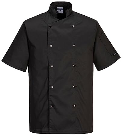 Portwest C733 Veste de Cuisine Homme Femme Manches Courtes Col Mao Polycoton Kingsmill Tenue Professionnelle Cuisinier Chef Boulanger Pâtissier Restauration Traiteur, Noir, XS