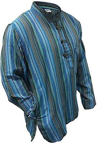 Shopoholic Fashion Mens Striped Grandad Shirt (2XL,Turquoise)