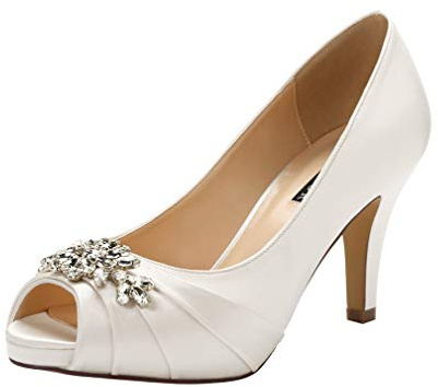 ERIJUNOR E0055 Peep Toe Mid Heels for Woman Rhinestones Satin Evening Prom Wedding Shoes Ivory Size 8