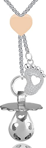 SAGA GIOIELLI® Collar llamativo de ángeles, chupete sonoro, colgante de pie con cristales, cadena de acero, largo ajustable