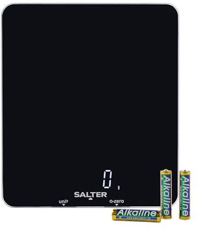 Salter 1180 BKDR Phantom - Bilancia elettronica da cucina, capacità 5 kg, display di facile lettura, ampio piattaforma in vetro ultrasottile, Aggiungi e pesa funzione tara, pesatura di liquidi, nero