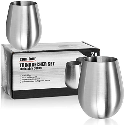 com-four® 2x Copa de vino de acero inoxidable 304 – Taza de vino de 500 ml para viaje, taza de acero inoxidable para llevar – Vaso de vino sin pie – Taza de viaje sin BPA (2 piezas, 500 ml mate)