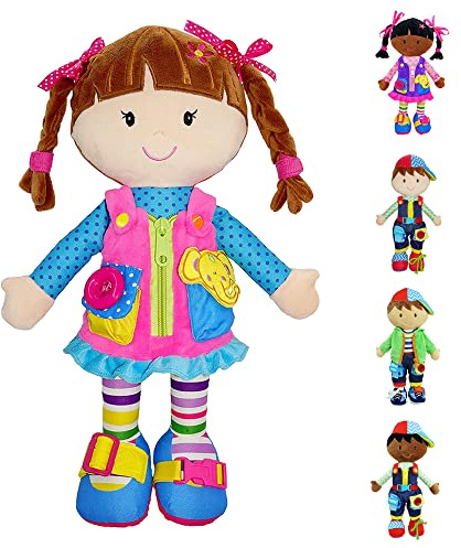 June Garden 15.5 Dressy Friends Belle - Educational Stuffed Plush Doll for Kids and Toddlers 2 Years and Up - Montessori Buckle Soft Toy