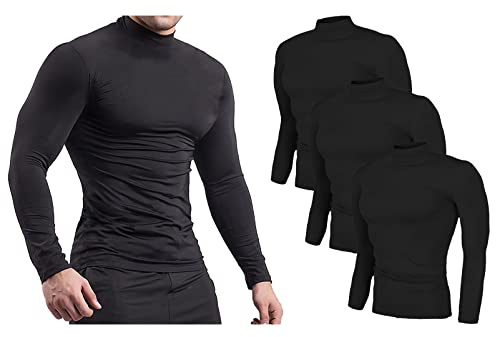 Jamron 3-pack långärmade kompressionsskjortor för män – sport löpning baslager toppar – termiska stoppade halsundertröjor, Svart + svart + svart, M