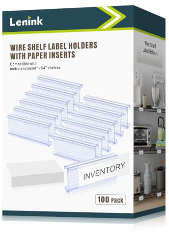 Lenink 100Pcs Wire Shelf Label Holders with 100Pcs Label Paper Inserts, Plastic Wire Rack Label Holder Compatible with Metro and Nexel 1-1/4in Shelves, Label Area 3in Lx1.25in H