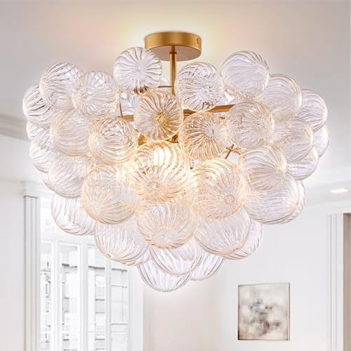 Longree Nordic Bubble Ball Swirled Glass Ceiling Lights Fixture, Dia 24 inch Gild Brass and Clear Blown Glass Small Chandelier for Bedroom Study Bathroom