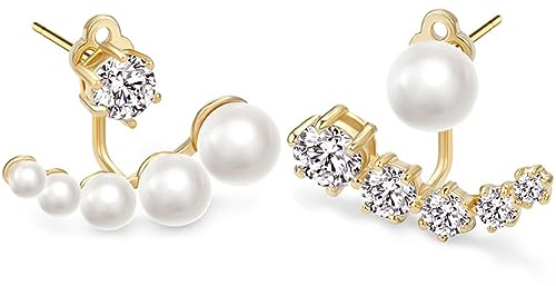 Asymmetriska pärlor-zirkoniumörhängen för kvinnor – 925 sterlingsilver öronnålsörhängen för flickor, ovanliga örhängen kristallörhänge under örat, örhängen med pärlor presenter för kvinnor, 19x12 mm