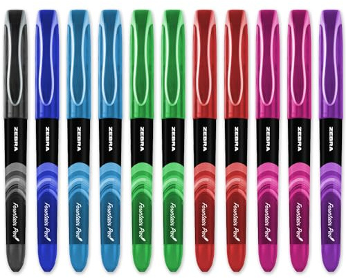 Zebra Fuente - Disposable Fountain Pen - 1.0mm Fine Nib 0.6mm Line Width - Black, Blue, Light Blue, Green, Red, Pink, Violet Ink - Pack of 11