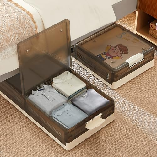 VECELO Under Bed Storage with Wheels, 2 Pack Stackable Under Bed Storage Containers, Underbed Storage Containers with Lids, Plastic Foldable Folding Box for Clothes Shoes, Grey