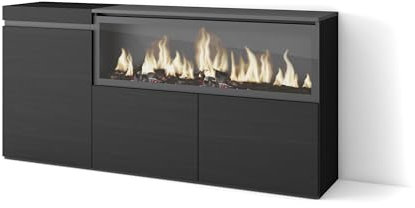 Skraut Home | Aparadores para salón | Gran Capacidad de almacenaje | 160 | 3 Puertas | Chimenea eléctrica XXL | Estilo Moderno | Negro