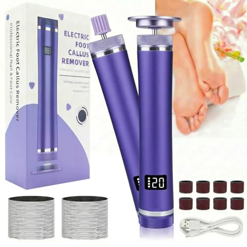 Pedicure Elettrico Professionale Piedi, 2 in 1 Levigatore a 9 Velocità con Display LCD, 60 cuscinetti di ricambio e 10 anelli per la pulizia delle unghie Raspa Piedi per Pelle Dura, Viola