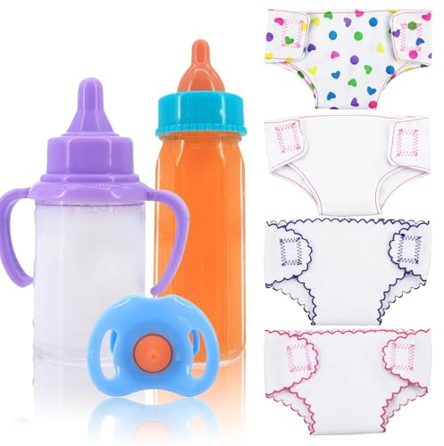 Magische Flasche Baby Puppe Milchfläschchen mit Schnuller, Magische Puppenflasche mit Milch, 7 Stück Puppenzubehör mit Puppenschnuller, Windel, Puppe Fütterungsset mit Verschwindender Milch