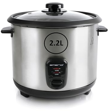 EMERIO automatischer Eco Reiskocher | groß | 2.2L Volumen | Warmhaltefunktion | Antihaftbeschichtung | Glasdeckel | inkl. Reislöffel + Messbecher | Schongarer | 900 Watt | Edelstahl | RCE-132390
