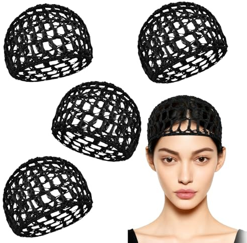 Lot de 4 filets à cheveux pour dormir - Filet à cheveux au crochet avec boucle de maintien - Bonnet de nuit en soie pour femme - Réutilisable - Protection des cheveux bouclés et raides