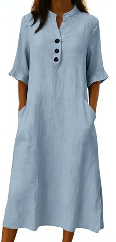 Cotton Dresses for Women UK Summer Beach Shirt Dresses Solid Color Button Henley Neck Maxi Dress Elegant Ruffle Half Sleeve Casual Tunic Tshirt Dress Loose Plain Long A Line Sundress with Pockets