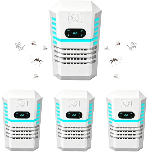 Repelente Ultrasónico de Plagas, 4 Pack Electrónico Repelente Mosquitos Insectos Control de Plagas,3 Modos Repelente Ultrasónico Ratas para Interiores Anti Cucarachas, Mosquitos, Ratones, Arañas