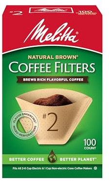 Melitta #2 Cone Coffee Filters, Natural Brown, 100 Count - Fits all 2-6 Cup Cone Coffee Makers and 1-cup Pour-Over Brewers, Compostable, Tear-Resistant, Made in USA