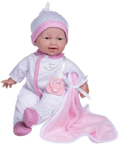JC TOYS - The Baby 28 cm docka har mjuk och tvättbar kropp, filt och napp, vit och rosa prickar, designad i Spanien, +12 månader