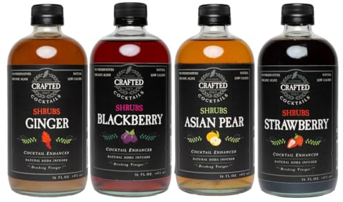 Crafted Cocktails Shrubs | 4 Flavor Variety Pack (Blackberry, Asian Pear, Strawberry, Ginger) | 4 Pack (16 Fl Oz Each) | Drinking Vinegar Sweetened with Agave | Sweet & Tangy Enhancer for Cocktails, Soda, or Salad Dressings
