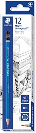 STAEDTLER Zeichenbleistift Mars Lumograph, Härtegrad 10H, Sechskantform, unglaublich bruchfeste Premium-Bleistifte, hohe Qualität, 12 ST in der Faltschachtel, 100-10H