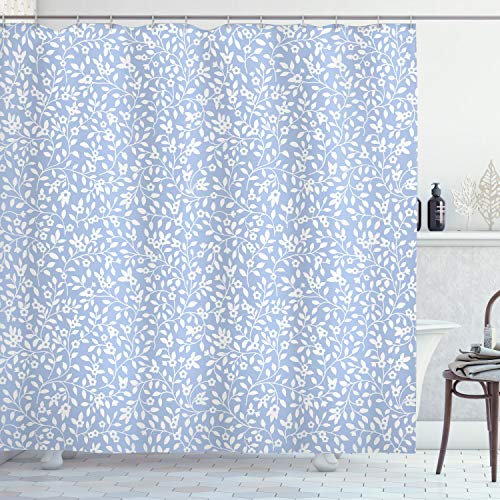 ABAKUHAUS Blau Weiss Duschvorhang, Landhausstil, Stoffliches Gewebe Badezimmerdekorationsset mit Haken, 175 x 200 cm, Baby Blue Weiß