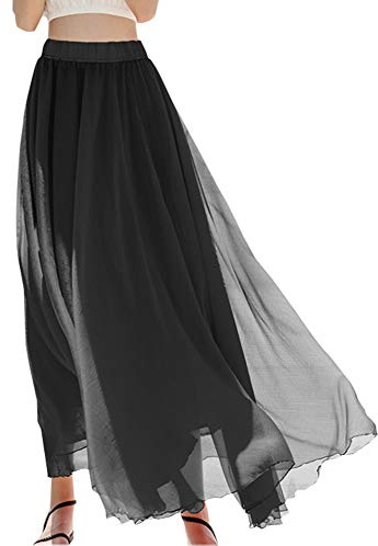 Teemall Women's Ankle Chiffon Long Skirt A-line Retro Skirts Pleated Beach Maxi Skirt (Black)
