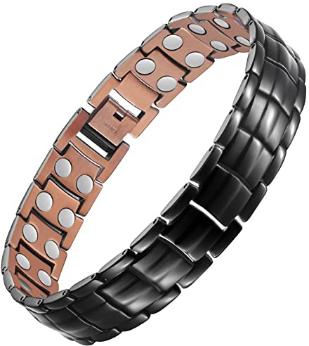 Feraco Men's Copper Magnetic Bracelet Elegant 99.99% Solid Copper Bracelets with Double-Row Strong Magnets, Magnetic Field Therapy Jewelry (Black)