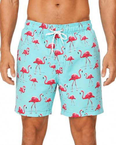 HLVEXH Herr Hawaiian Beach Shorts Badbyxor Snabbtork Baddräkter med nätfoder Grön Rosa Flamingo 3XL