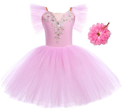 IWEMEK Kids Girls Ruffle Sleeve Lace Flower Tutu Ballet Dress + Hair Clip Gymnastics Leotard Dance Ballerina Costume Fairy Swan Skating Children Dancewear Ballroom Dancer Costume Pink 11-12 Years